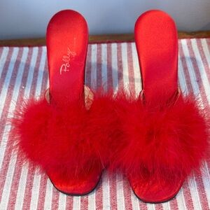 Women's Vintage Polly of California Red Feathered Mules